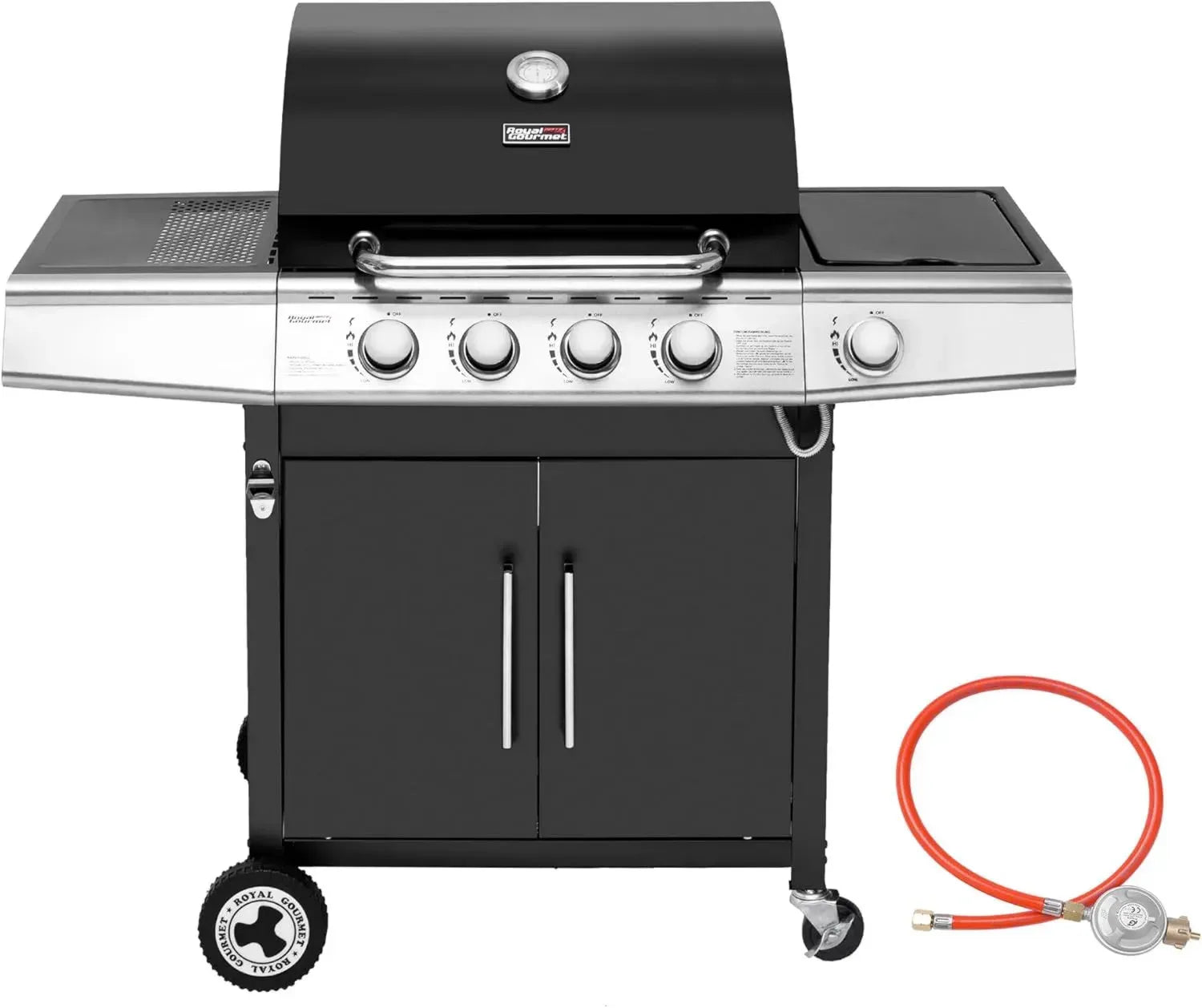Royal Gourmet Gasgrillwagen mit 5 Brennern, automatische Zündung, Thermometer, Unterschrank, 14,5 kW Edelstahl, Schwarz